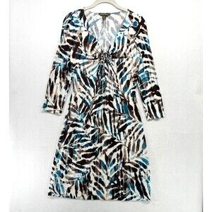 Tommy Bahama Dress Womens Small Blue Brown White Abstract Tie Front 3/4 Sleeve